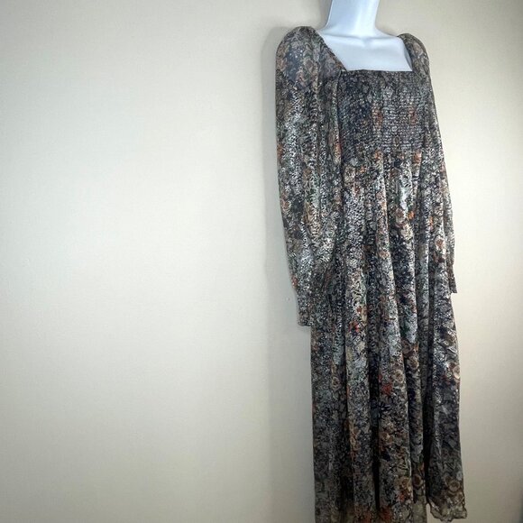 O.P.T. Smocked Cottagecore Renn Faire Maiden Midi Dress Medium Shimmer Floral - Picture 9 of 10